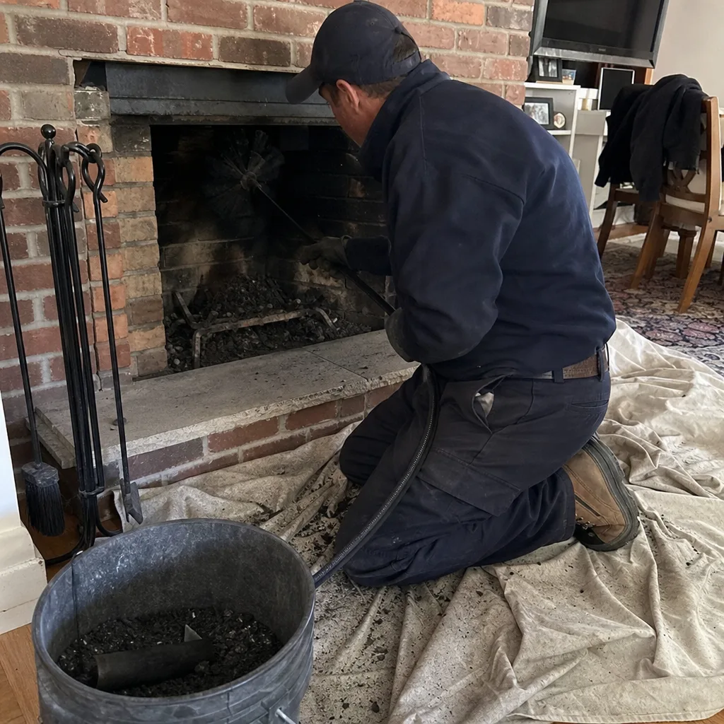 Professional chimney sweep cleaning a brick fireplace with a brush