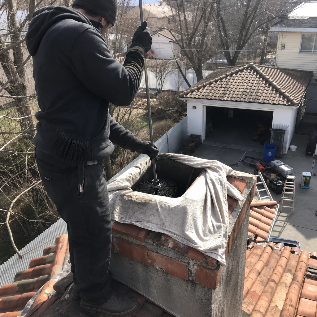Professional chimney sweep cleaning a chimney flue from the roof.